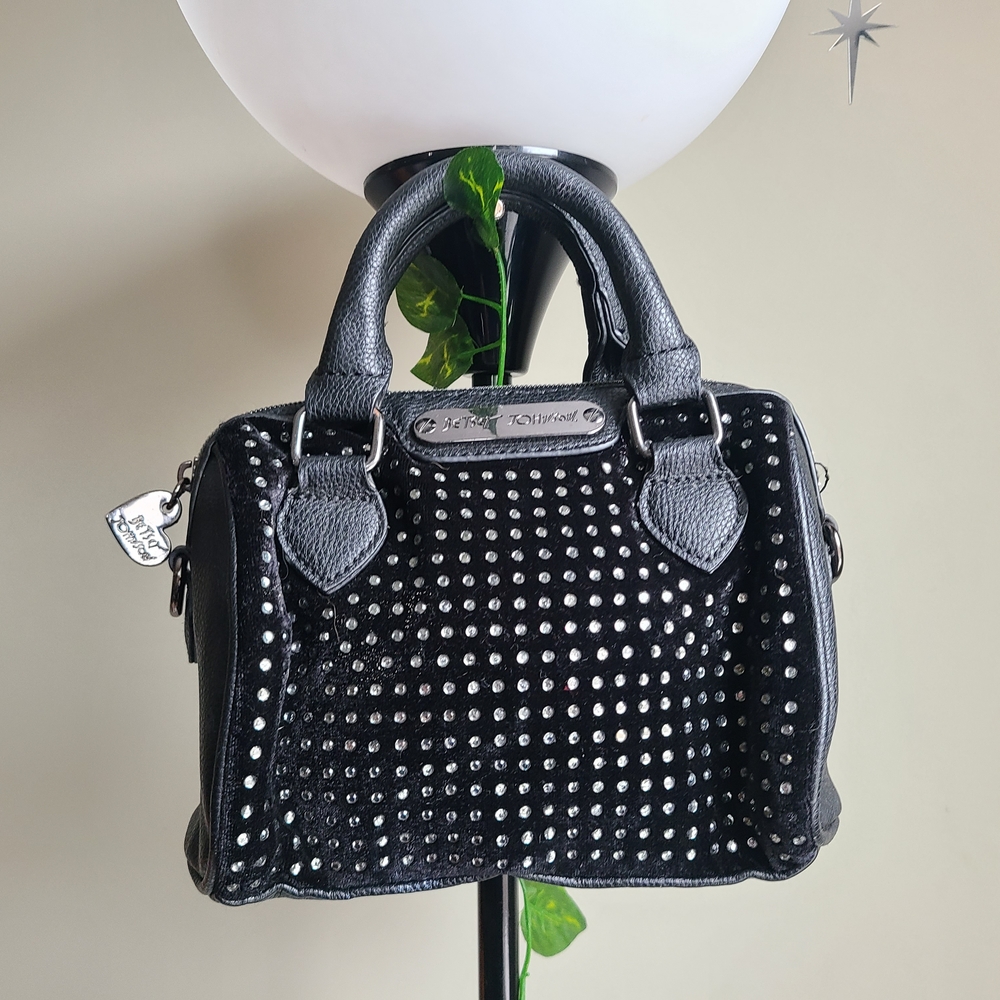 Betsey Johnson Black Velvet Rhinestone Studded Mini Satchel Bag - Picture 1 of 3